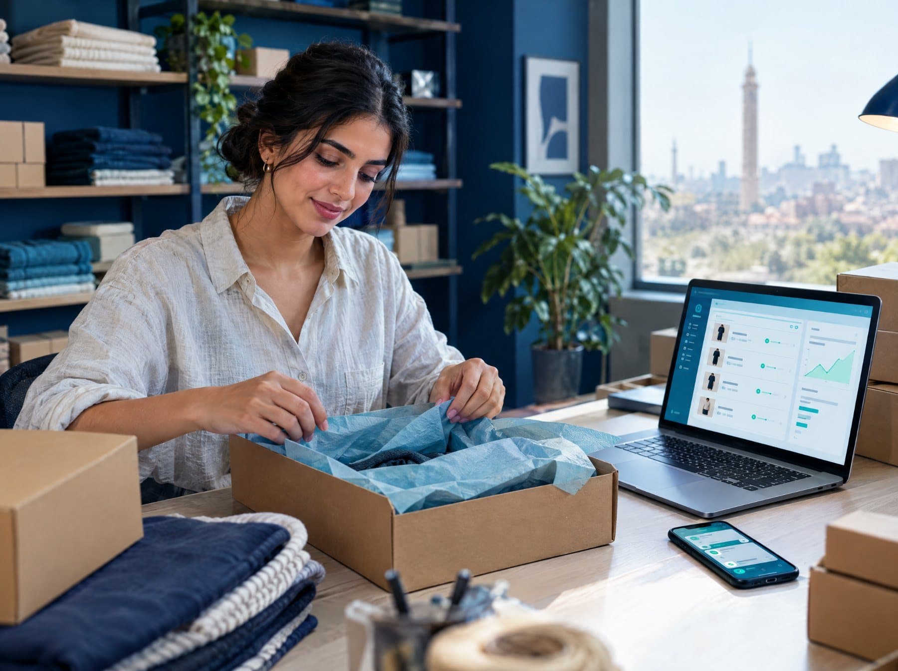 An online store owner packing orders with an order dashboard on her laptop