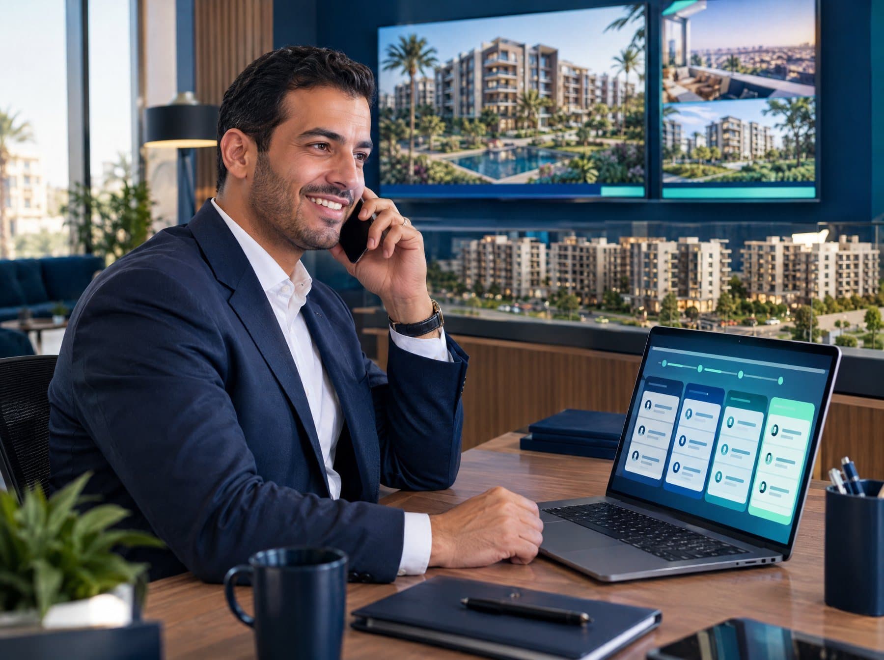A property consultant on the phone with a lead pipeline on his laptop